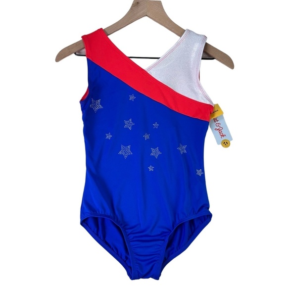 NWT Girls Red Wt Blue Star Embellished Sleeveless Asymmetric Flag Leotard XL14 - Picture 1 of 10